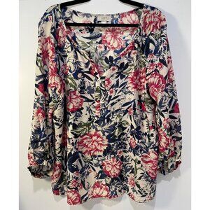 Womens Oversized Semi Sheer Floral Pullover Top Size L Cottagecore Romantic Twee